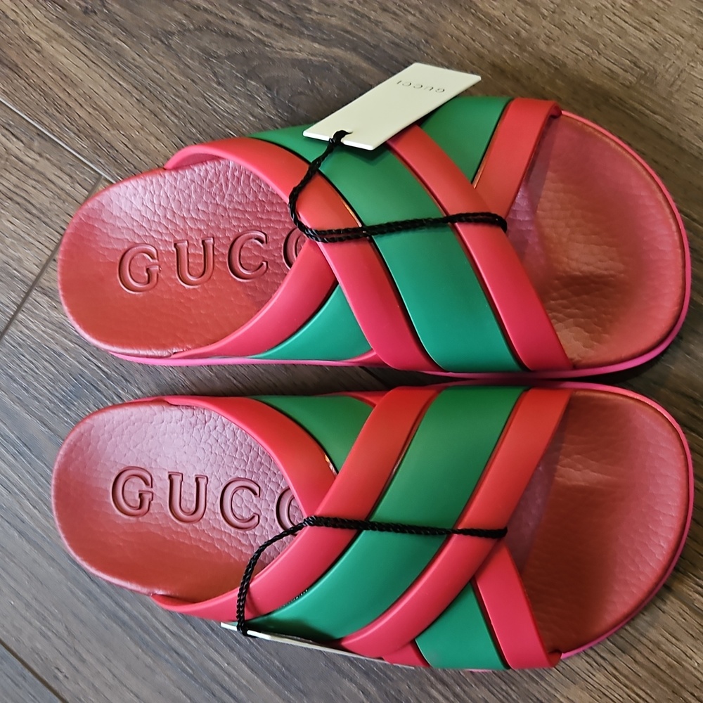 GUCCI WEB CROSSOVER RUBBER SANDAL RED/GREEN SIZE 37 - Picture 12 of 17